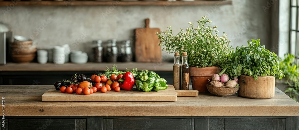 Rustic Kitchen Still Life: Fresh Vegetables and Herbs on Wooden Counter Rustic Kitchen Still Life: Fresh Vegetables and Herbs on Wooden Counter