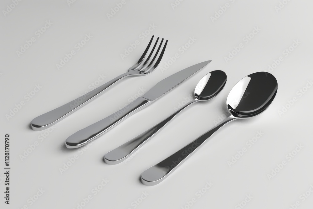 Set of polished stainless steel cutlery including a fork, knife, and spoons arranged on a gray surface Set of polished stainless steel cutlery including a fork, knife, and spoons arranged on a gray surface