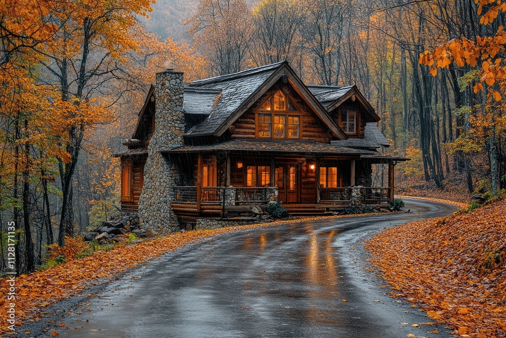 Cozy wooden cabin nestled in vibrant autumn woods on a rainy day Cozy wooden cabin nestled in vibrant autumn woods on a rainy day