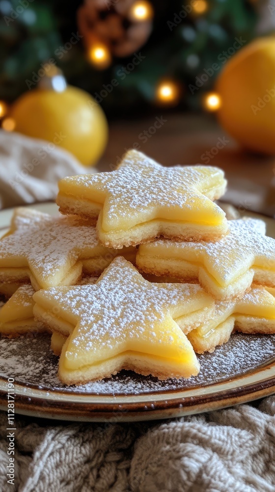 Christmas star shaped lemon cookies sprinkled with icing sugar