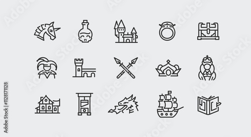 Medieval icons. Large set of 15 medieval trendy minimal icons. Example: Crown, Dragon, Shield, Knight, Swords icon. Design signs for web page, mobile app, packaging design. Vector illustration.