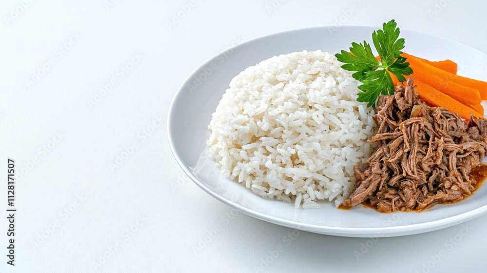 Savory Beef and Rice Dish Garnished with Carrots and Parsley on a White Plate Served Hot and Fresh for a Delightful Lunch or Dinner Savory Beef and Rice Dish Garnished with Carrots and Parsley on a White Plate Served Hot and Fresh for a Delightful Lunch or Dinner