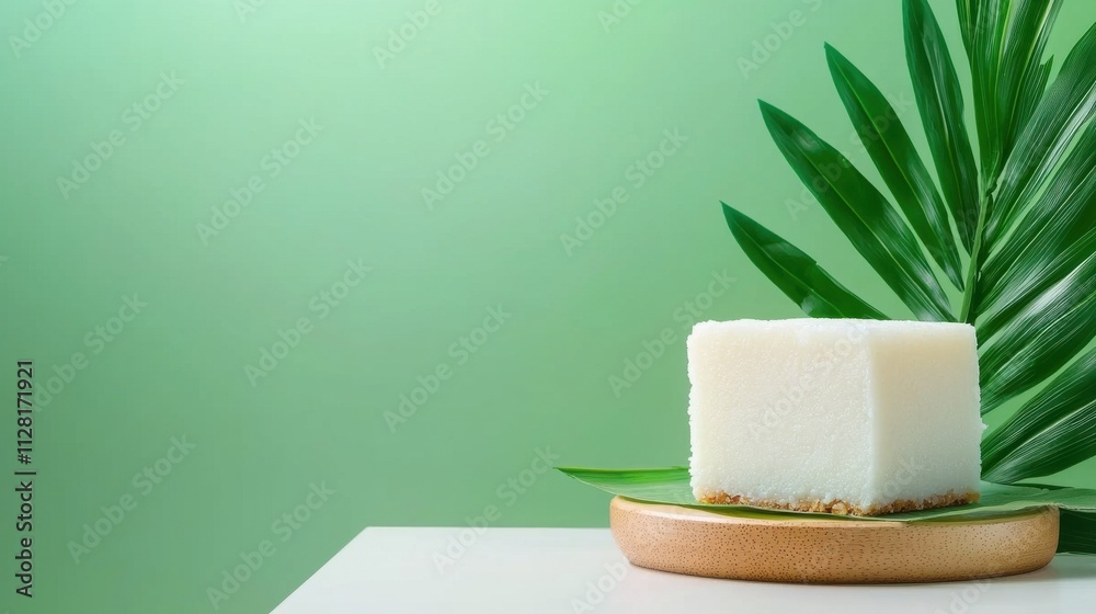 White Geometric Cube with Tropical Leaves on Wooden Table Against Green Background White Geometric Cube with Tropical Leaves on Wooden Table Against Green Background