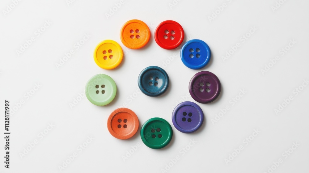 A diverse array of colorful buttons arranged in a circular pattern, Illustrating the unity and strength found in diverse contributions, minimalist composition A diverse array of colorful buttons arranged in a circular pattern, Illustrating the unity and strength found in diverse contributions, minimalist composition