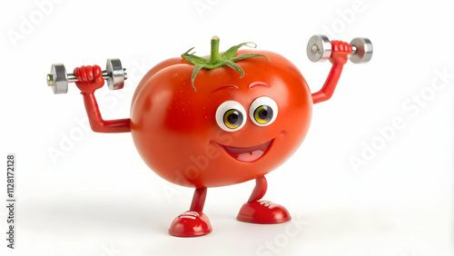 Smiling tomato cartoon lifting weights with enthusiasm photo