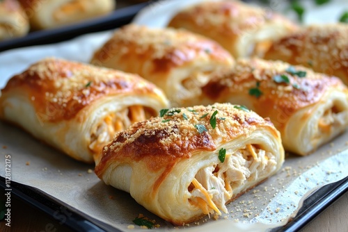 Delicious puff pastry bundles with chicken and cheese filling, sprinkled with grated parmesan and parsley