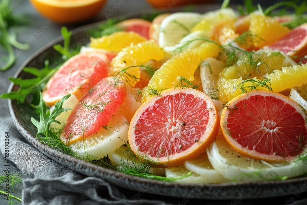 Fresh citrus salad with grapefruit, orange, fennel and arugula on dark plate Fresh citrus salad with grapefruit, orange, fennel and arugula on dark plate