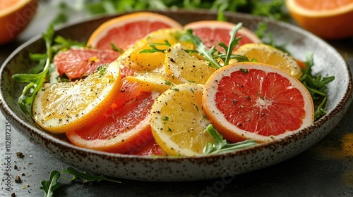 Citrus salad with grapefruit, orange, lemon and arugula, seasoned with black pepper