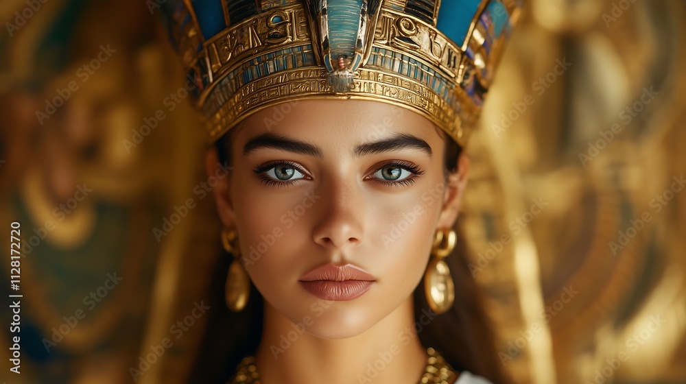 An ancient Egyptian queen standing regally . The atmosphere is majestic and illuminated by golden light, emphasizing her elegance and power. An ancient Egyptian queen standing regally . The atmosphere is majestic and illuminated by golden light, emphasizing her elegance and power.