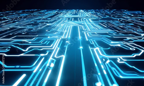 A futuristic digital circuit board glowing with blue light, representing advanced technology, data flow, and interconnected systems in cyberspace.