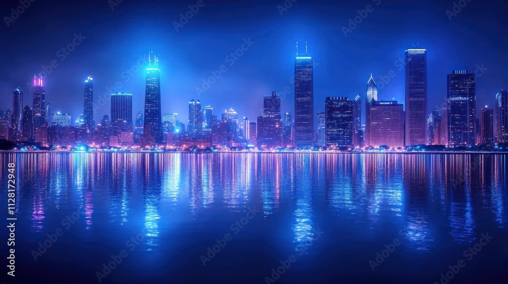 Night cityscape skyline reflected in calm water. Night cityscape skyline reflected in calm water.