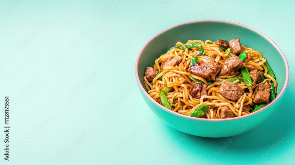 Appetizing Stir Fried Noodle Dish with Vegetables and Sauce on Turquoise Background