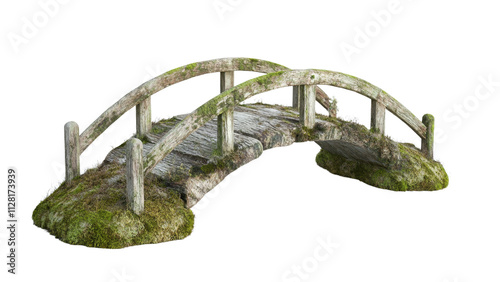 Old Wooden Bridge Surrounded by Moss and Grass, Overgrown Nature Pathway, Rustic Landscape in Tranquil Outdoor Setting
