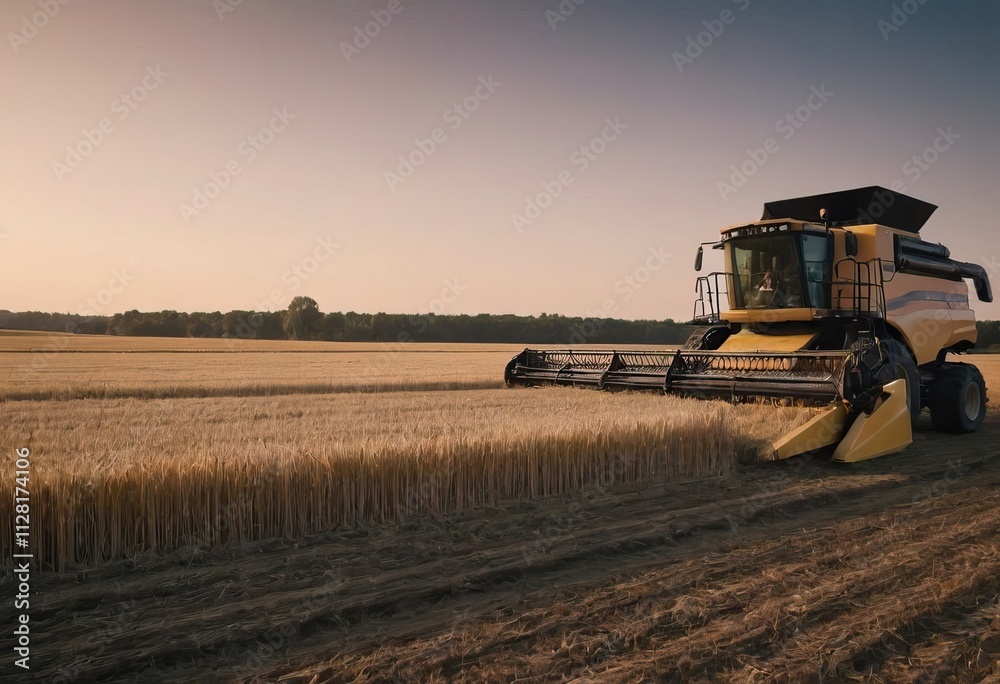 Fototapeta premium A bright yellow combine harvester is actively working in a field of ripe wheat