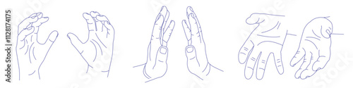 Set of hand gestures in various positions. Contour vector sketch illustration. Index, middle, ring, little fingers and thumb