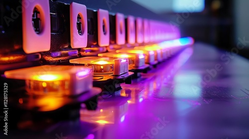 Close-up view of vibrant LED lights illuminating a modern control panel, showcasing advanced technology in action. photo