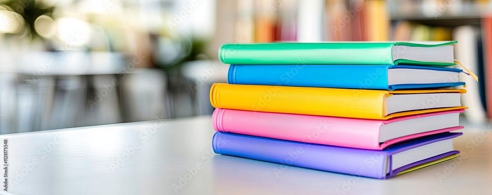 Stack of colorful textbooks on a library table, blurred background Stack of colorful textbooks on a library table, blurred background