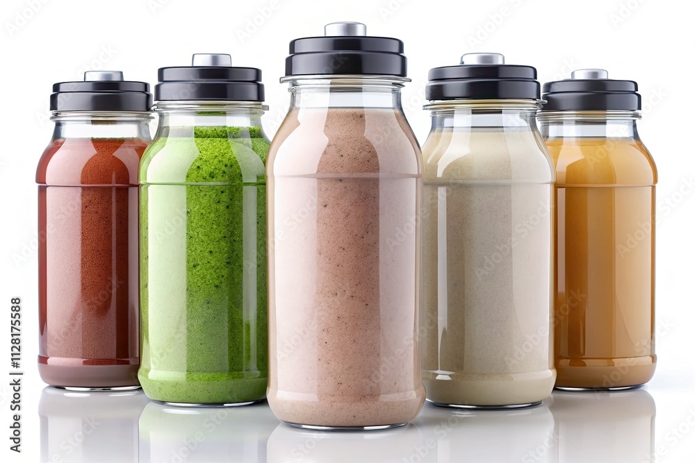 Stylish illustrations showcase diverse protein shake bottle lids and labels. Stylish illustrations showcase diverse protein shake bottle lids and labels.