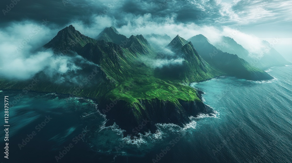 Fototapeta premium Island in the middle of a deep green sea, with mountain peaks and low clouds, 