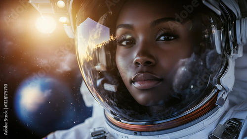 Female astronaut, African American woman in space in spacesuit