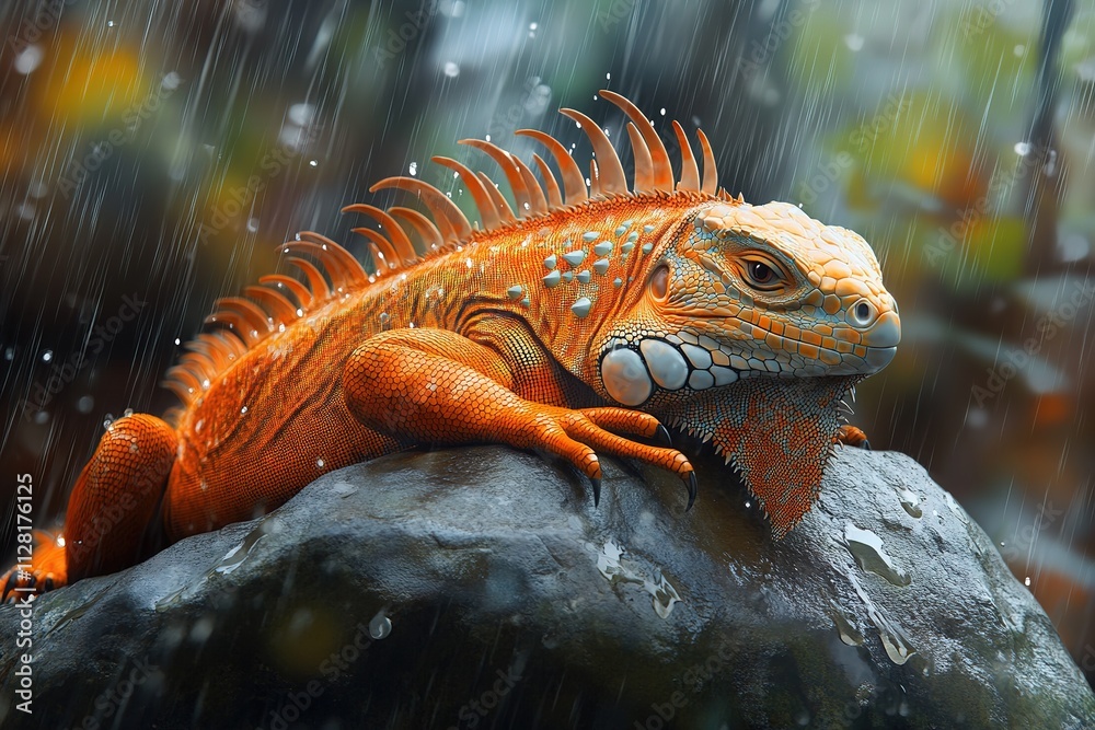 Orange Iguana Rests on Rock in Rain Orange Iguana Rests on Rock in Rain