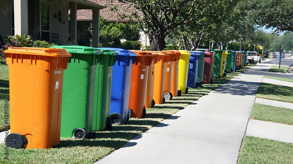 Colorful Trash Bins Lined Up Alongside a Residential Street Colorful Trash Bins Lined Up Alongside a Residential Street