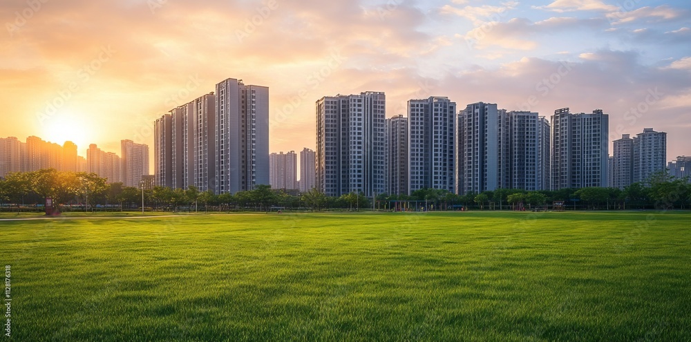 Obraz premium Modern City Park with High-Rise Buildings at Sunset AI generated illustration