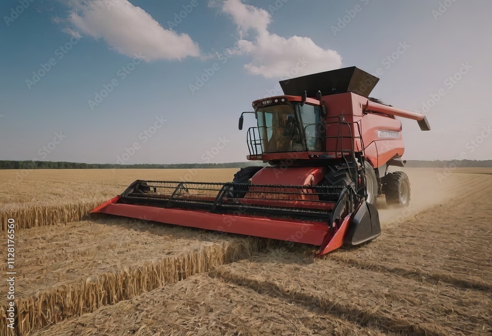 Fototapeta premium A bright yellow combine harvester is actively working in a field of ripe wheat