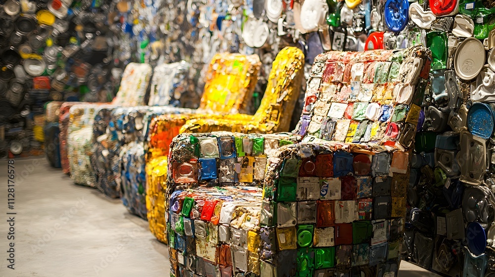 Fototapeta premium Colorful Recycled Chairs Displayed Against Artistic Trash Wall
