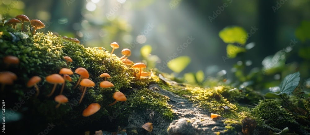 Enchanted Forest: A Cluster of Mushrooms on Mossy Log Enchanted Forest: A Cluster of Mushrooms on Mossy Log
