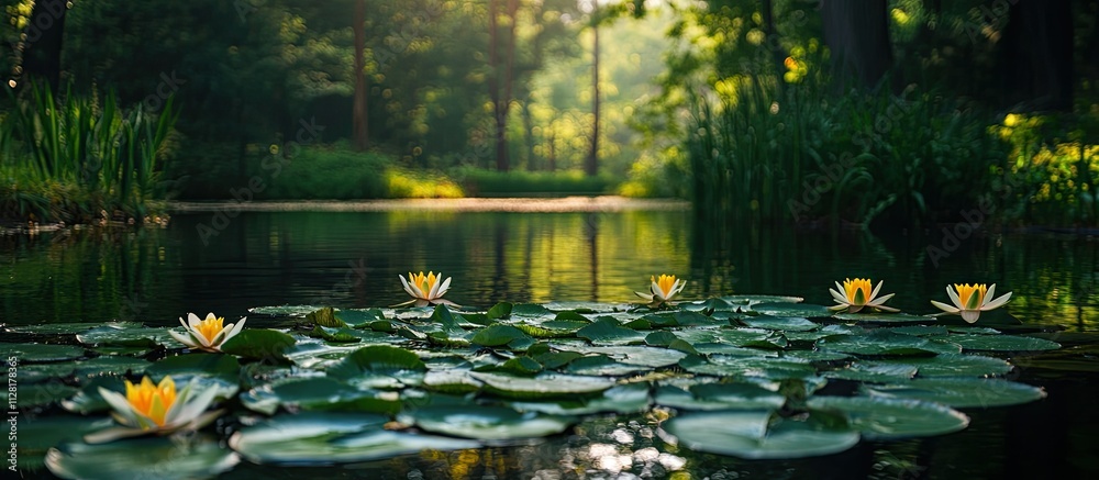 Serene Pond: Water Lilies in a Tranquil Forest Serene Pond: Water Lilies in a Tranquil Forest