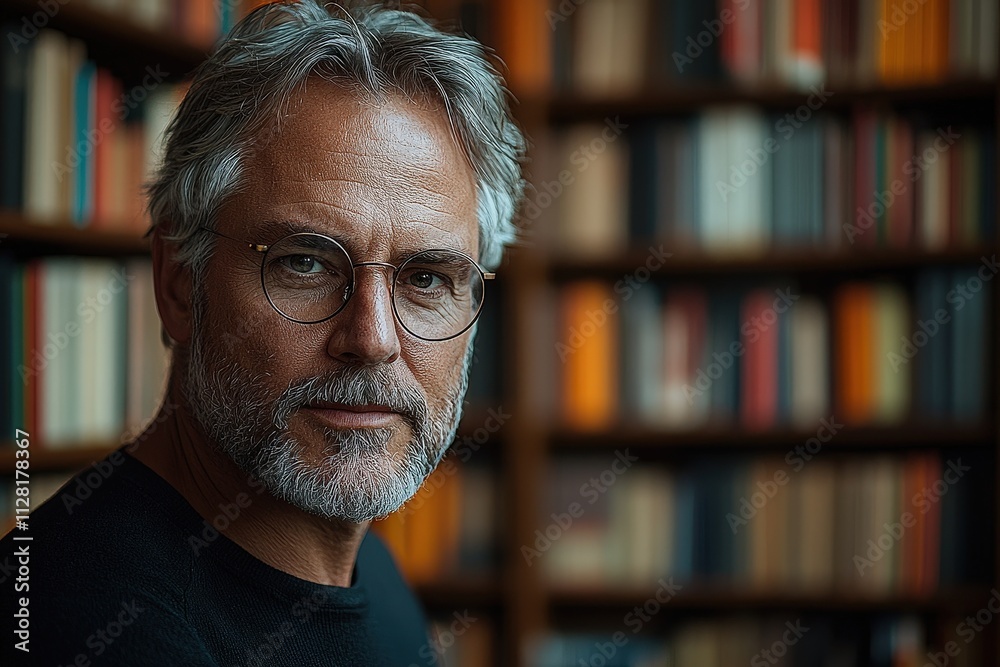 Distinguished mature man with glasses in a cozy library setting Distinguished mature man with glasses in a cozy library setting