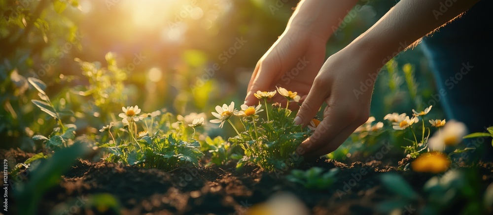 Fototapeta premium Gardening at Sunset: Hands Gently Tending Delicate White Flowers in a Lush Garden