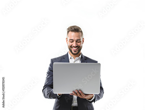 Portrait of young businessman standing,Businessman in suit with tablet and cup,holding laptop and watching media with happy smile,a handsome businessman using tablet