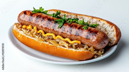 Delicious Grilled Sausage Hot Dog with Condiments on Plate