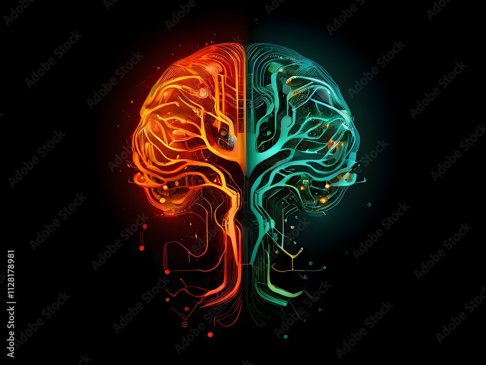 abstract brain split into two halves, one side athletic motion, the other side neural network