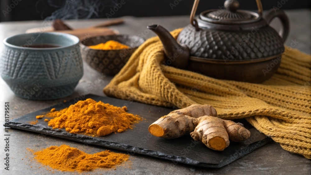 In a softly lit nook fresh ginger with its gnarled edges appears almost alive against a backdrop of a cozy knitted scarf. The vibrant orange hue of turmeric powder spills In a softly lit nook fresh ginger with its gnarled edges appears almost alive against a backdrop of a cozy knitted scarf. The vibrant orange hue of turmeric powder spills