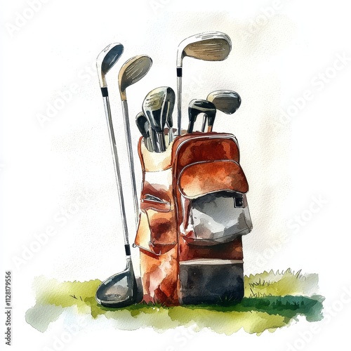 A watercolor illustration of a golf bag filled with clubs set against a grassy backdrop, perfect for sports enthusiasts.
