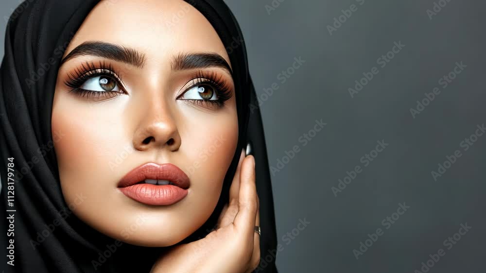 Beautiful model in hijab poses gracefully with elegant makeup against a neutral background Beautiful model in hijab poses gracefully with elegant makeup against a neutral background
