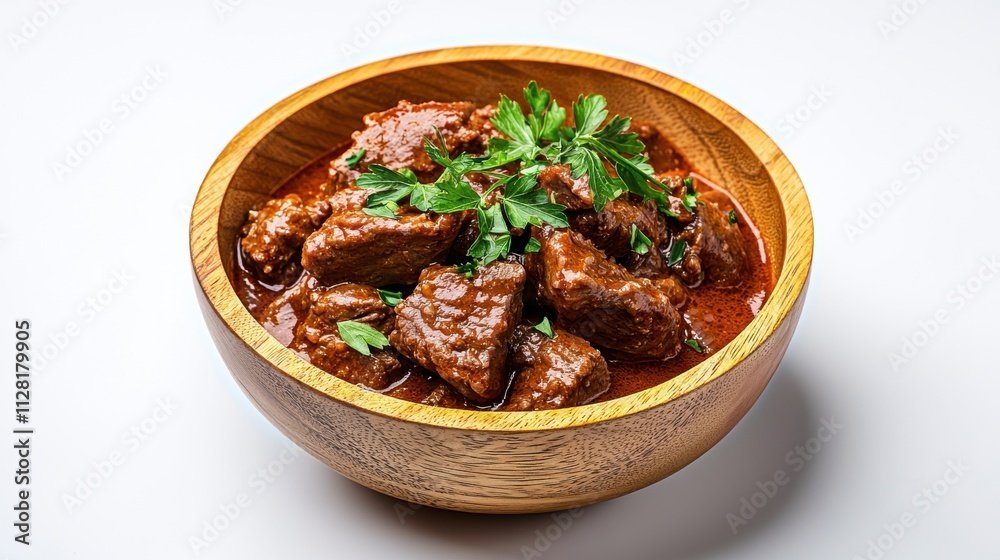 Savory Beef Stew in Wooden Bowl with Aromatic Herbs Savory Beef Stew in Wooden Bowl with Aromatic Herbs