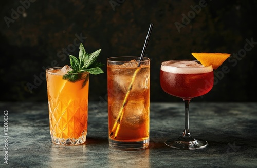 Three colorful cocktails on a dark background.