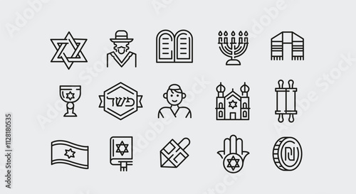 Israel icons. Set of 15 Israel trendy minimal icons. Example: Star of David, Dreidel, Menorah, Rabbi, Torah icon. Design signs for web page, mobile app, packaging design. Vector illustration