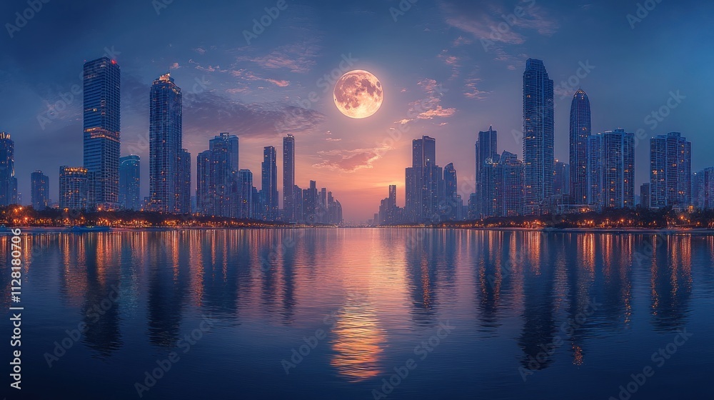 Obraz premium Full moon rising over a calm city skyline reflected in still water at twilight.