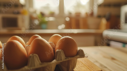 Fresh eggs close-up on rustic surface with blurred kitchen background. Natural lighting macro photography of breakfast ingredients.