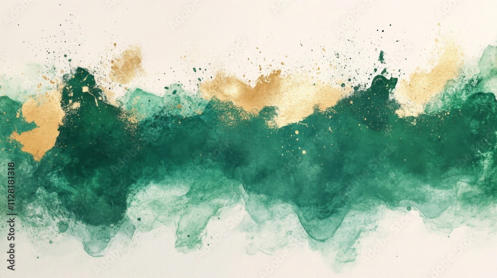 Obraz premium Abstract Emerald Green Gold Watercolor Wash Painting