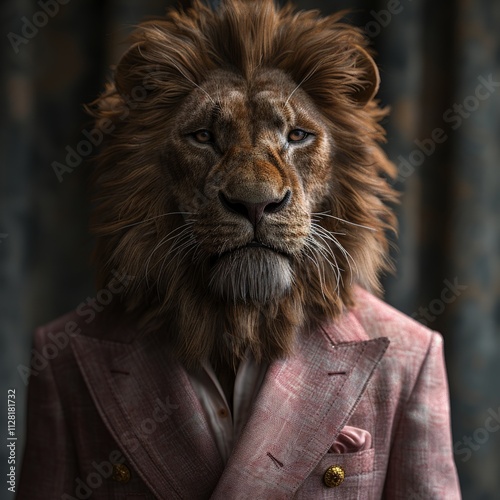 Majestic Lion Portrait in Tailored Pink Suit Exuding Elegance and Power of the Animal Kingdom with Timeless Style in Fashionable Attirelion
