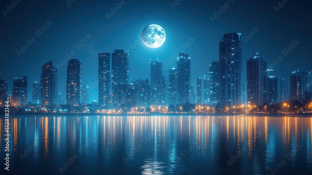 Fototapeta premium Night cityscape skyline reflected in water with a large full moon.