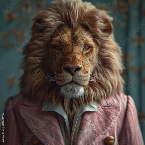 Majestic Anthropomorphic Lion in Elegant Victorian Suit with Regal Expression and Ornate Detailing Against Artistic Backdrop  anthropomorphic