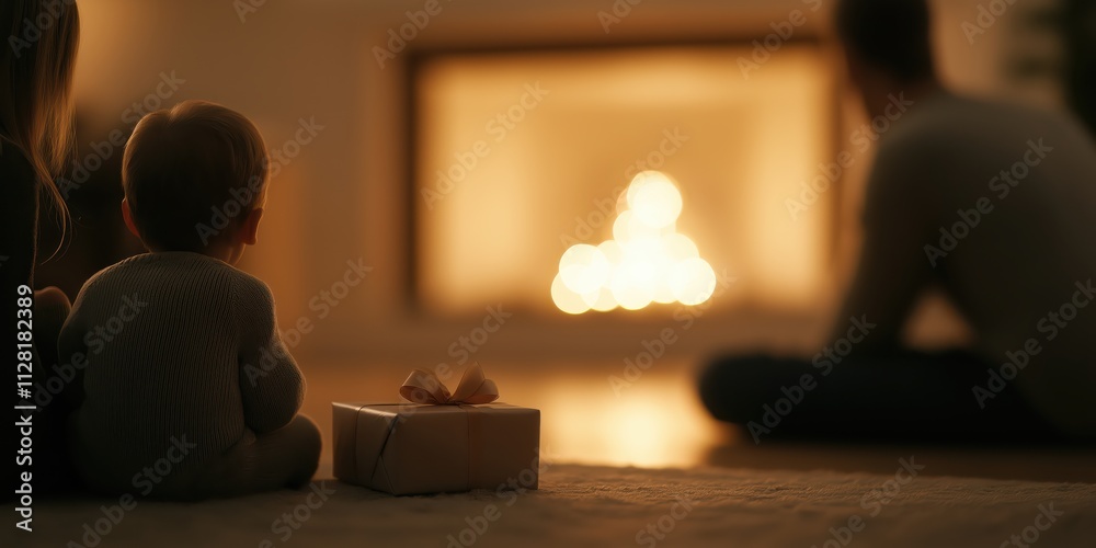 A heartwarming scene featuring a baby sitting near a fireplace, gazing at the flames, with a gift wrapped beautifully, embodying warmth and the joy of family moments.