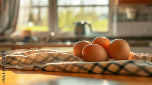 Fresh eggs close-up on rustic surface with blurred kitchen background. Natural lighting macro photography of breakfast ingredients.
